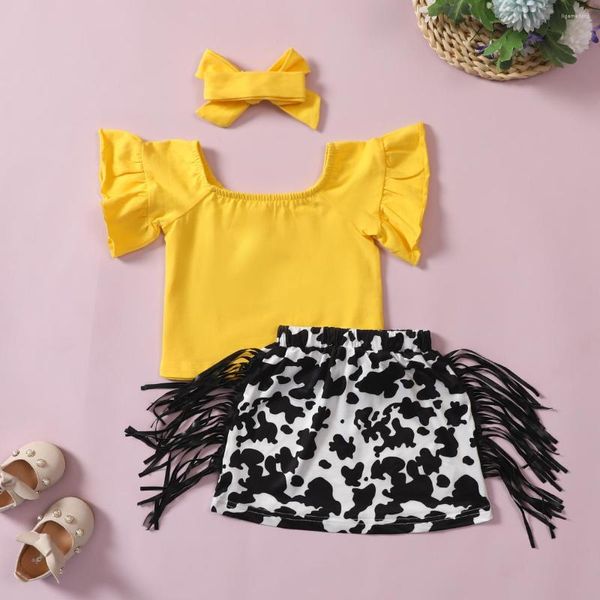 Completi di abbigliamento Estate Bambini Casual 2-6 anni Moda per ragazze Costumi da bagno Top con maniche a farfalla Gonne con stampa leopardata con decorazioni in nappa