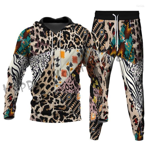 Tute da uomo Vintage Leopard Print Uomo Streetwear Felpe con cappuccio Pantaloni Set Felpa in pile 2 pezzi Abiti Autunno Inverno Felpa