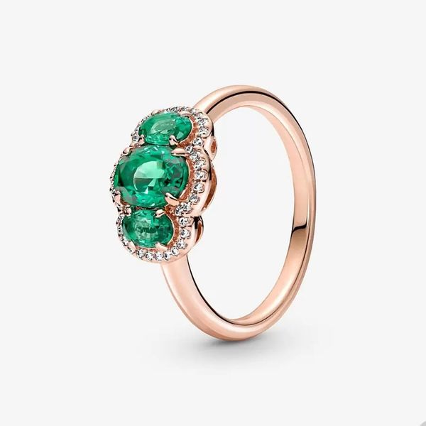 Luxuriöse Roségold-Vintage-Ringe für Pandora, drei Stein-Ring-Set, Hochzeitsfeier-Schmuck für Frauen und Mädchen, grüner Kristall-Diamant-Designer-Ring mit Originalverpackung