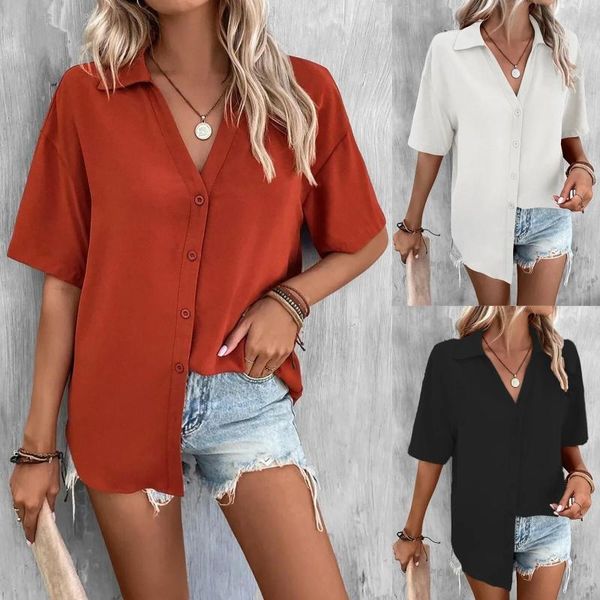 Blouses feminina Mulheres Moda Moda Botão Casual Sólida Vis de pescoço Vises simples para camisas gráficas Baseball Manga longa