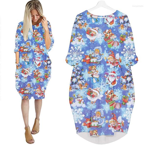 Jumeast Frauen Kleidung Sommer Kleid mit Fledermausärmeln 3D-gedruckter Cartoon-Weihnachtsmann O-Ausschnitt Rock Frohe Weihnachten Tasche Casual Kleider