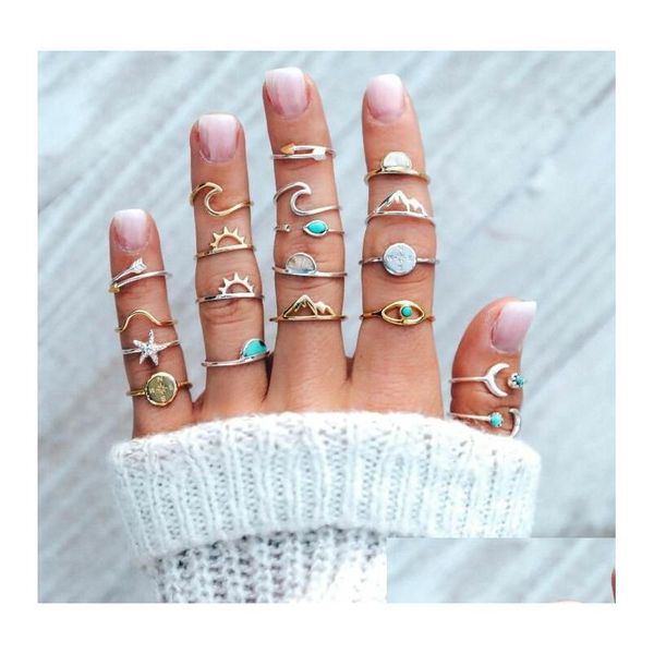 Cluster-Ringe 19 Stück / Set Charm Gold Silber Fingerring Set Vintage Boho Ocean Wave Türkis Seestern Knuckle Party Punk Schmuck Geschenk Dhvhw