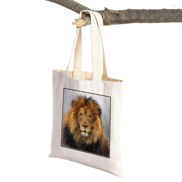 Borse per la spesa African Strong Lion Borsa da donna Moda Wild Animal Double Print Riutilizzabile Casual Lady Canvas Tote Shopper Bag