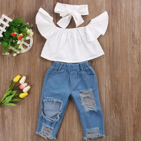 Roupas conjuntos de roupas infantil infantil garotas garotas coloras sólidas colmadas curtas calças de jeans rasgadas calças de jeans 3 peças