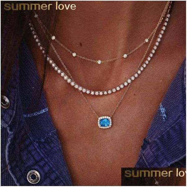 Подвесные ожерелья Bohemian Vintage MTI Layer Crystal Collecle Blue Choker для женщин Элегантный