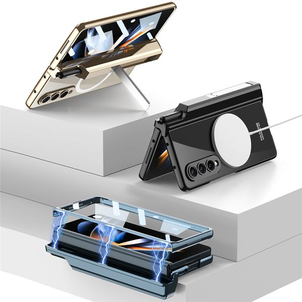 Роскошная магнитная шарнирная шарнирная корпус для телефона для Samsung Galaxy Folding Z Fold4 5G Площающая прозрачная оболочка мембраны Поддерживаю беспроводную зарядку с помощью S -Pen Slot