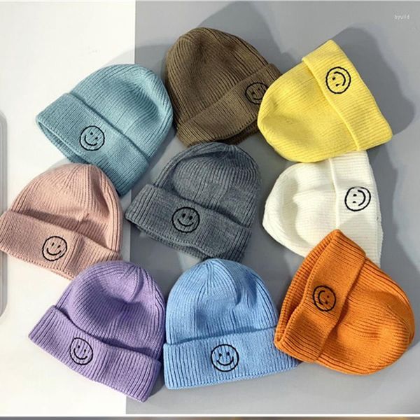 Boinas chapéu de bebê cor de cor sólida outono e inverno de inverno sorriso bordado crianças chapéus de malha crianças gorros quentes para bebês