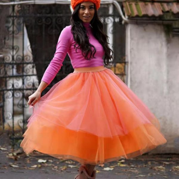 Röcke Orange 4 Schichten Tüll 1 Schicht Futter Rock elastische Taille Mädchen Tutu weiche weibliche kurze Kleid Mujer Faldas nach Maß GownSkirts