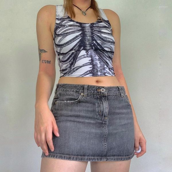Lässige Kleider X-Ray-Skeleton Print Tank Top Punk Gothic Mall Goth Weste Frauen Sommer ärmellose schlanke Vintage Crop ästhetische Streetwear