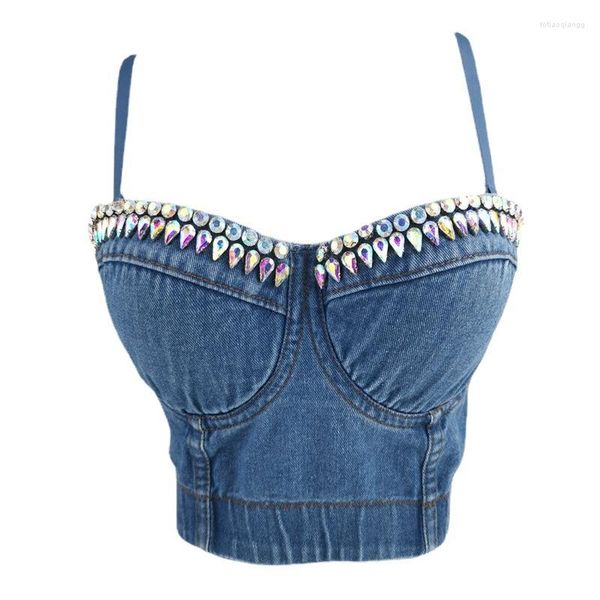 Canotte da donna Abbigliamento esterno All'americana High Street Sling Lingerie Imbottito Legante Reggiseno Corsetti Denim Con borchie di diamanti Espartilho Lenceria Femenina