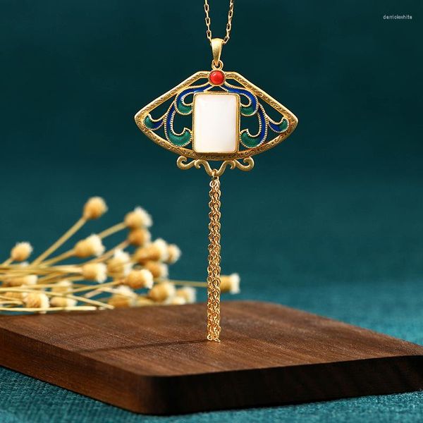 Anhänger Halsketten Chinesischen Stil Schmuck Cloisonne Halskette Scalloped Square Weiß Hetian Jade Überzogene Gold Quaste Für Frauen