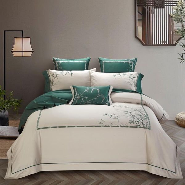 Set di biancheria da letto Chinoiserie Fiori di bambù Set copripiumino ricamato di lusso botanico botanico 600TC Federe morbide in cotone egiziano 600TC