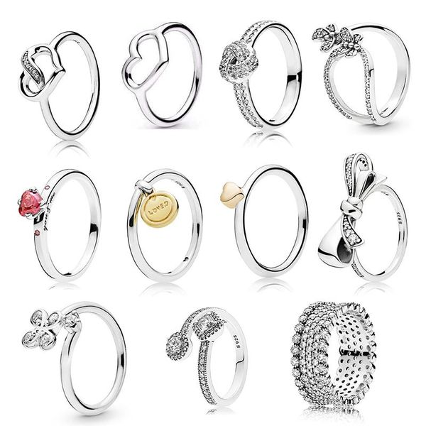 Cluster-Ringe im Pan-Stil, 925er Silber, Zirkon-Ring, herzförmige Schleife, Blume, Hochzeitsgeschenk, Freundin, Party, Mode, klassischer Trendschmuck