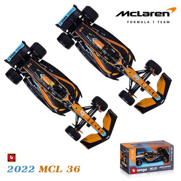 CAR ElectricRC Bburago 1 43 McLaren Mcl36 #3 Daniel Ricciardo #4 Lando Norris Ligoy Veículo de luxo Diecast Model Toy 230525