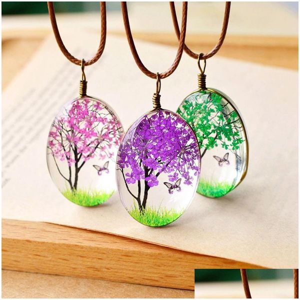 Colares pendentes Moda Flores feitas à mão colar de vidro oval de vidro de vidro encerado Corrente de jóias de jóias de joias DRAT PENDANTES DH05S