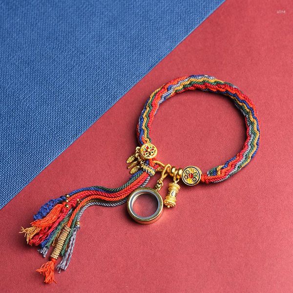 Braccialetti con ciondoli Ruota del vento tibetana intrecciata a mano Corda a mano posteriore Zakiram Bracciale con dio giallo della ricchezza Manjusri Thangka Tara verde