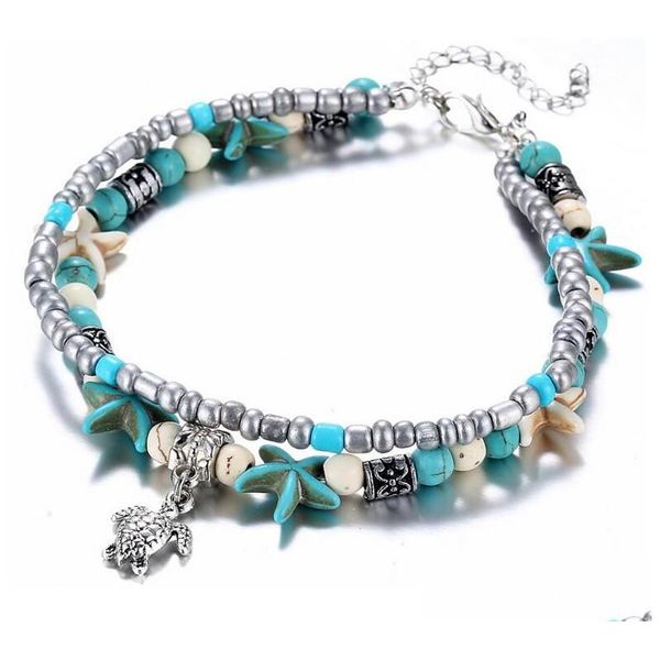 Cavigliere blu stella marina tartaruga cavigliera Mtilayer perline di fascino mare fatto a mano gioielli piede Boho per le donne ragazza consegna di goccia Dhcjp