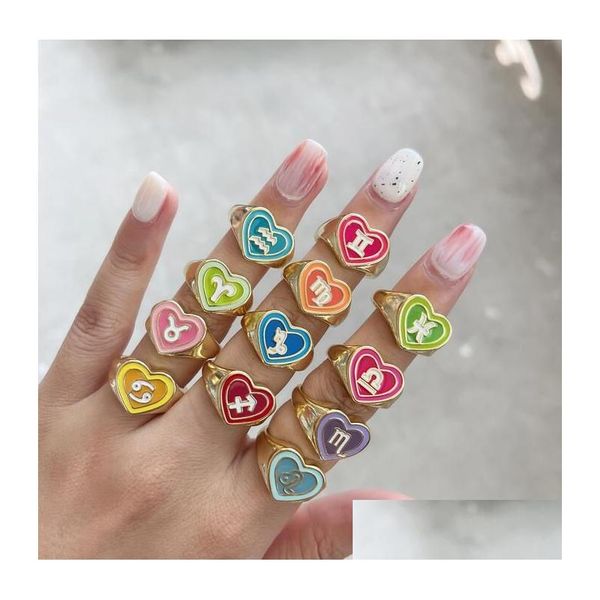 Полоса кольца Звездный Зодиак Знак Кольцо Candy Coland Mapper Material Double Love Heart 12 созвездие для женщин женские модные украшения Drop Dh62o