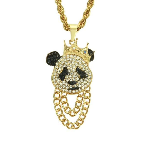 Collane con ciondolo Hip Hop Strass pavimentato Bling Iced Out Gold Crown Panda Collana per uomo Rapper Jewelry Silver Color Drop