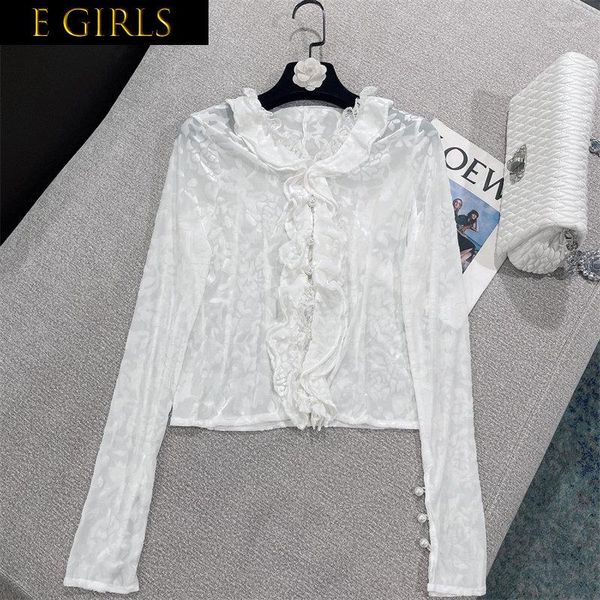 Kadın Bluzları J Girls 2023 Sonbahar Uzun Kol V Boyun İnciler Düğmeleri Dantel Çırpma Nakış Çiçek Beyaz Seksi Mesh İnce Gömlek GG076