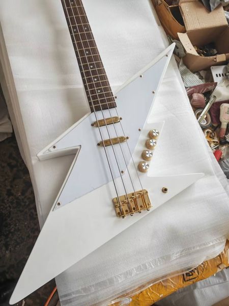 Custom White Abstract Lightning Bolt 4 corde Basso elettrico 23 tasti Hardware dorato