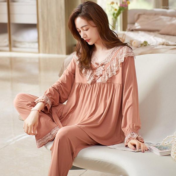 Kadın pijama kadın pijamaları set v yaka dantel modal pijamas mujer 2pieces/ev için set bahar sonbahar büyük bahçeleri m-xxxl dişi pijamalar