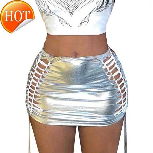 2024 Röcke Langer Bettrock Sexy Metallic Mini Glitter Tie Up Cut Out Elastic Ruched Club Bodycon Party Kostüm für