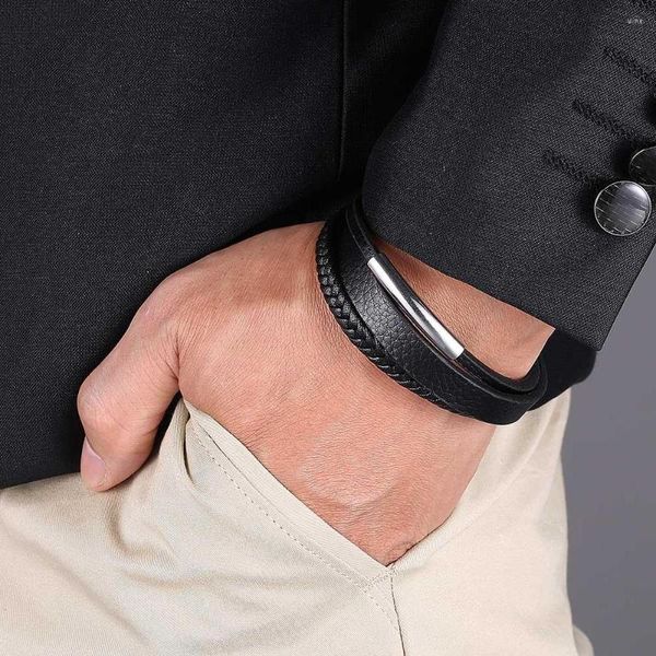 Charme Armbänder Mode Multilayer Schwarz Leder Armband Männer Schmuck Edelstahl Magnetische Verschluss Armreifen Frauen Handgelenk Band Geschenk