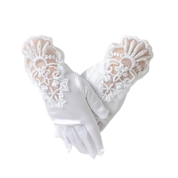 Guanti in pizzo bianco per bambini Guanti con ricami floreali Abito da sposa per bambini Spettacolo per feste Halloween Natale Ragazze Guanti stile corto