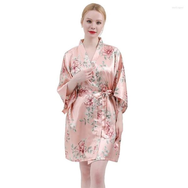 Kadın pijama 2023 Baskı Çiçek Kimono Elbise Kadın Boynalı Saten Robe Sıradan Salon Giyim Femme Gevşek Nightgown Homewear iç çamaşırı