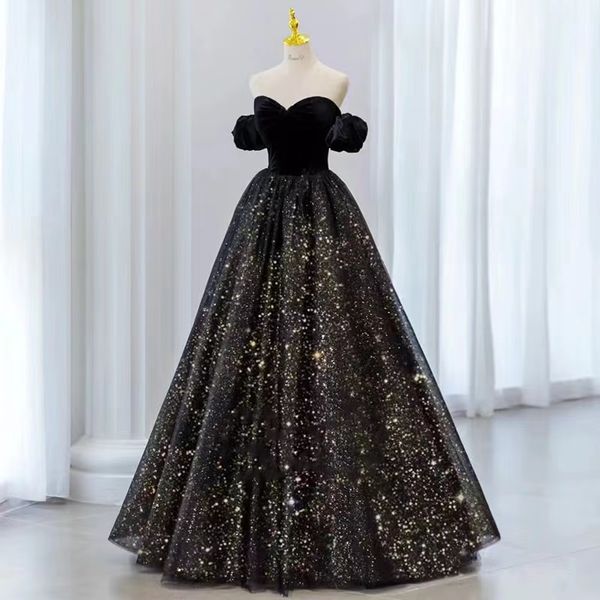 um vestido de baile de linha aplica-se com vestidos de noite de decote em vil de pescoço preto Sexy Vestidos formais de lantejoulas de festas noturnas desgaste da moda Imagem real Celebridade longa vestidos formais