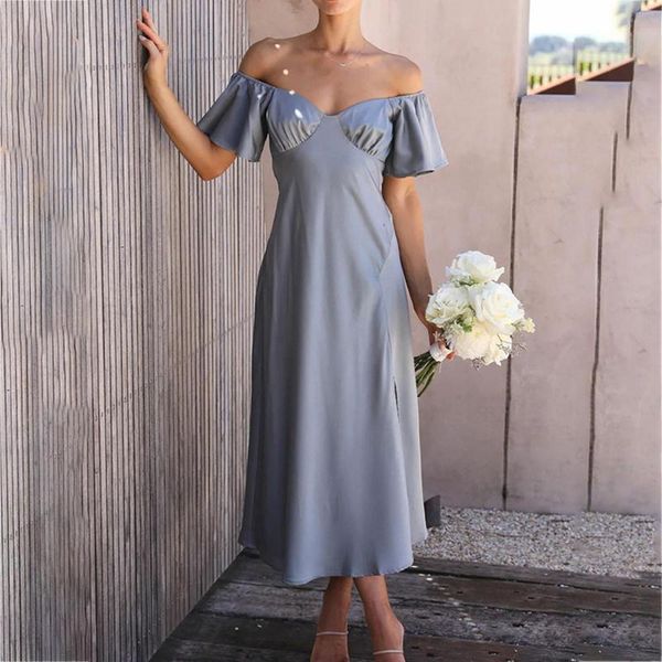 Lässige Kleider Sommerkleid V-Ausschnitt Kurzarm Schlitz Einfarbig Schulterfrei Sexy Lange Hohe Taille Mode Elegant 2023 Damenbekleidung