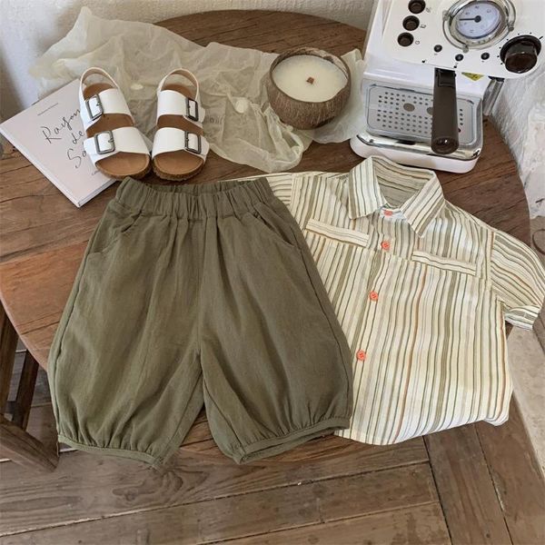 Kleidung Sets Kid Junge Sommer Mode Gestreiften Hemd Anzug Mädchen Kinder Casual Baumwolle Leinen Tops Retro Feste Hosen 2 stücke Baby Bluse Set