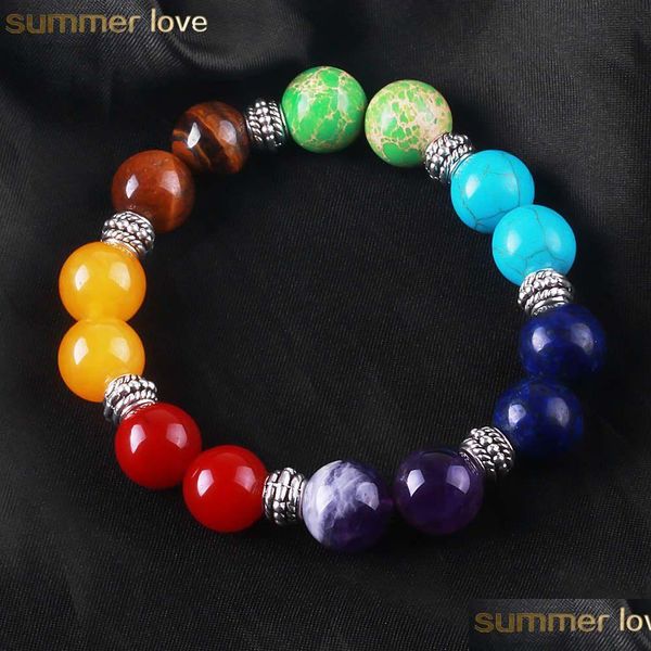 Perline 7 Chakra Healing Bracciale 12 mm pietra naturale Tiger Eye Bead Bracciali per donna Uomo Moda Yoga Gioielli all'ingrosso Regalo Goccia Dhp0Z