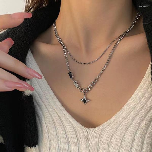 Ketten 2023 Koreanische Mode Vintage Doppelschicht Stern Anhänger Kette Halskette Für Männer Frauen Grunge Ästhetische Y2K Schmuck Zubehör Geschenk