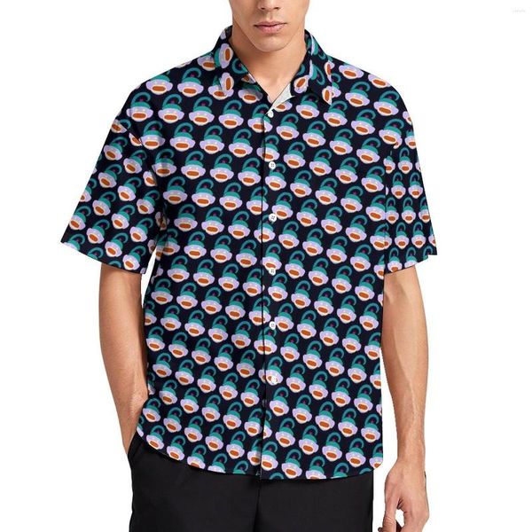 Freizeithemden für Herren, Sock Monkey Shirt, Schwanzdruck, Urlaub, lockere hawaiianische Retro-Blusen, kurze Ärmel, individuelles, übergroßes Oberteil