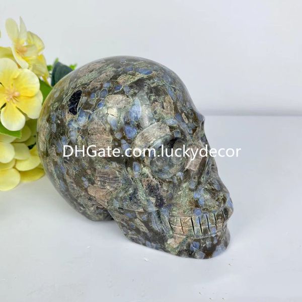 Liberite blu Que Sera Teschio di pietra Cristallo decorativo per la casa Intagliato a mano Guarigione naturale Equilibrio emotivo Meditazione calma Pietra preziosa di llanite Testa umana Statua