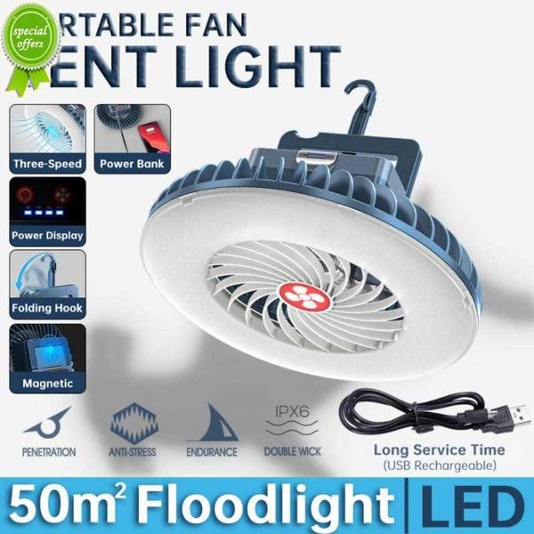 Nuovo ventilatore per tenda a LED 2in1 Ventilatore da campeggio ricaricabile impermeabile Lampada da soffitto Ventilatore portatile Lampada da escursionismo con gancio appeso Ventola di raffreddamento