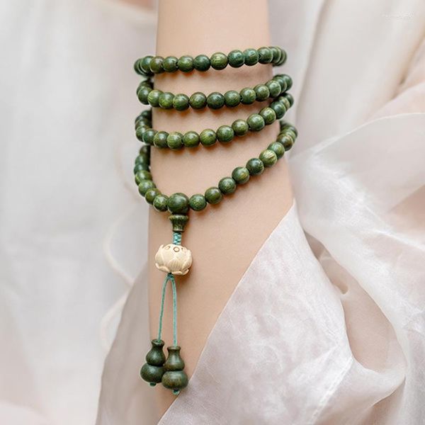 Strand Natural Sandalwood Wood Rosary Green Lotus 108 colar de 8mm Bracelete Buda Buddhist Oração de Yoga Wooden Beads