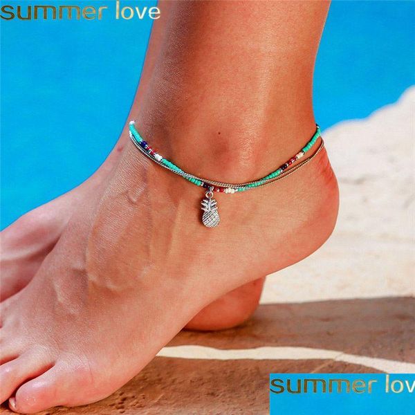 Tornozeleiras verão miçangas azuis de abacaxi para mulheres sandálias femininas jóias de joalheria mtilayer tornozelo pulseiras de perna entrega de queda de perna dhr71