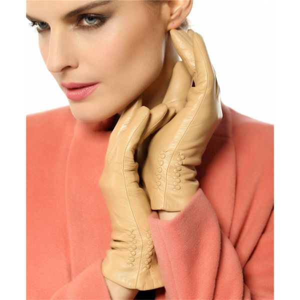 Luvas sem dedos Mulheres de couro genuíno 2023 Térmico forro de luva de inverno pulso de moda de moda sólida Lambry l013NC
