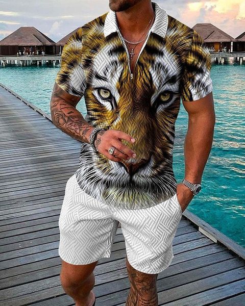 Men's Tracksuits Lion and Tiger Graphics 3D Imprimir suinger masculino Conjunto de sugestão de verão Trendência zíper pólo shorts 2pcs Conjuntos de moda casual