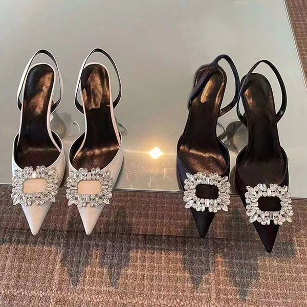 Kutu tasarımcısı Londra Kadın Yüksek Topuklu Elbise Ayakkabıları Romy 85 65 Kristal Eşyalı İpek Slingback Pompaları Beyaz Siyah Lüks Lady Düğün Sandalları Eur 34-42