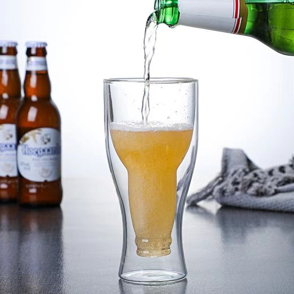 Bicchiere di birra a doppio strato rovesciato Bicchiere di cristallo Bicchiere di coca cola Bicchiere creativo per bevande al latte Bar Bicchiere di birra alla spina
