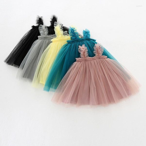 Abiti da ragazza 2023 Summer Sling Girls Mesh Skirt Dress Orecchie di legno Baby Princess Tutu Abbigliamento per vestiti Robe