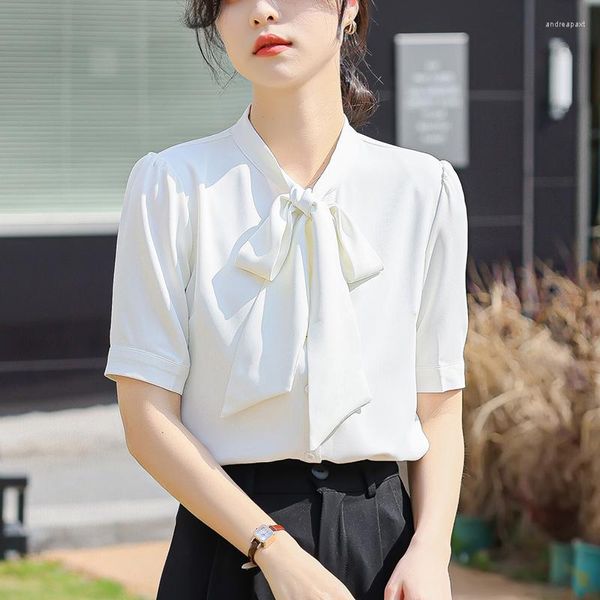 Blusas de mujer Chikichi lazo romántico camisa de gasa de manga corta 2023 verano mujer elegante blanco cuello en V Oficina señora Formal Tops