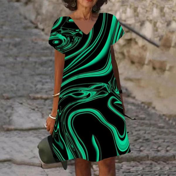 Lässige Kleider Damen Batik-Sommer-dünnes knielanges Kleid 2023 Sexy Büro Vielseitiges Mini-Buntes Retro-V-Ausschnitt-Strandkleid