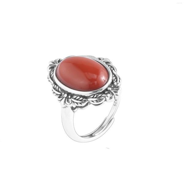 Anelli a grappolo JZ413 FSILVER Thai Silver 925 Fashion Trendy Hetian Jade South Red Agate Retro Crown Leaf Oval Women Wedding Party Jewelry