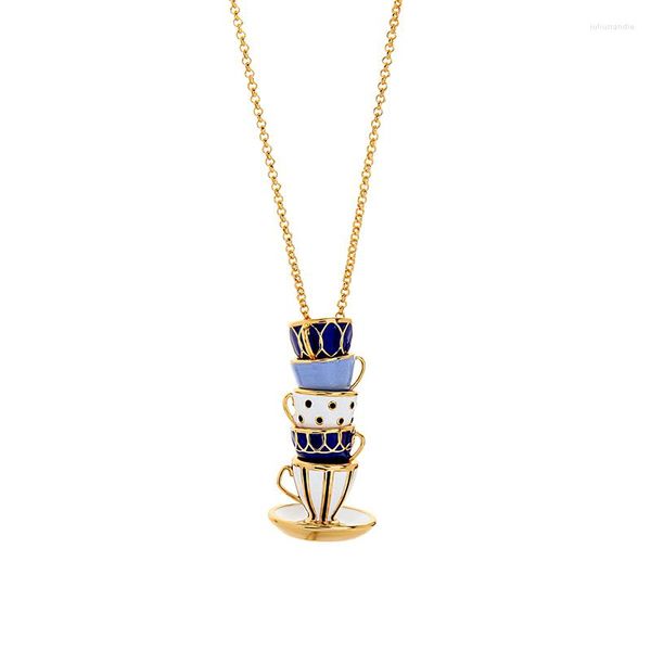 Anhänger Halsketten Blau Weiß Farbe Emaille Teetasse Teekanne Lange Kette Halskette Design Für Frauen Schmuck