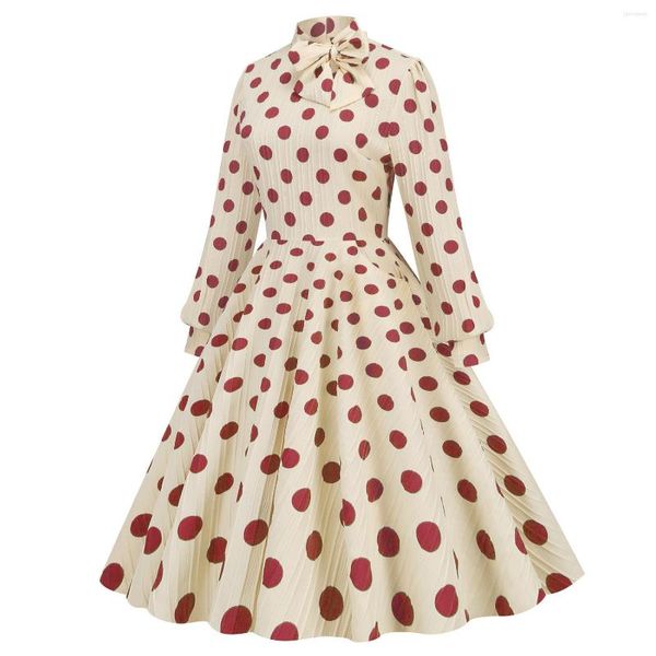 Vestidos casuais estilo igreja A-line Polka Dots Mangas compridas Mulheres elegantes vestido vintage